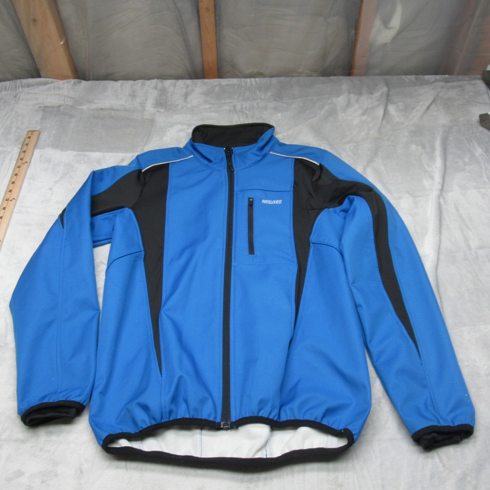 ARSUXEO Cycling Jacket Mens Small Blue Softshell Rain Wind Reflective Light Pack